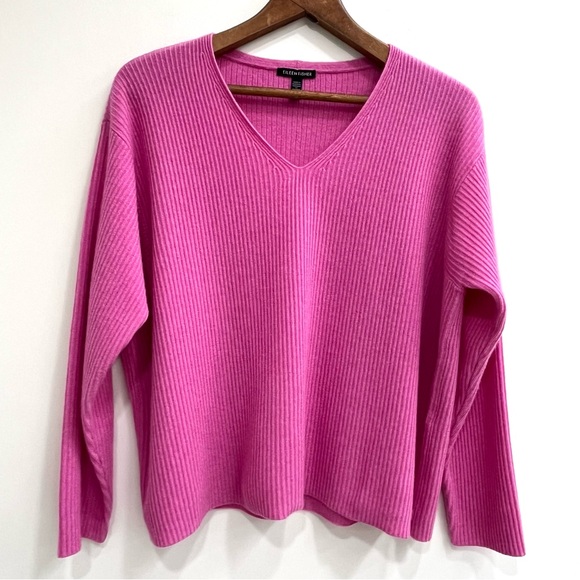 Eileen Fisher ribbed v-neck cashmere sweater pink boxy...